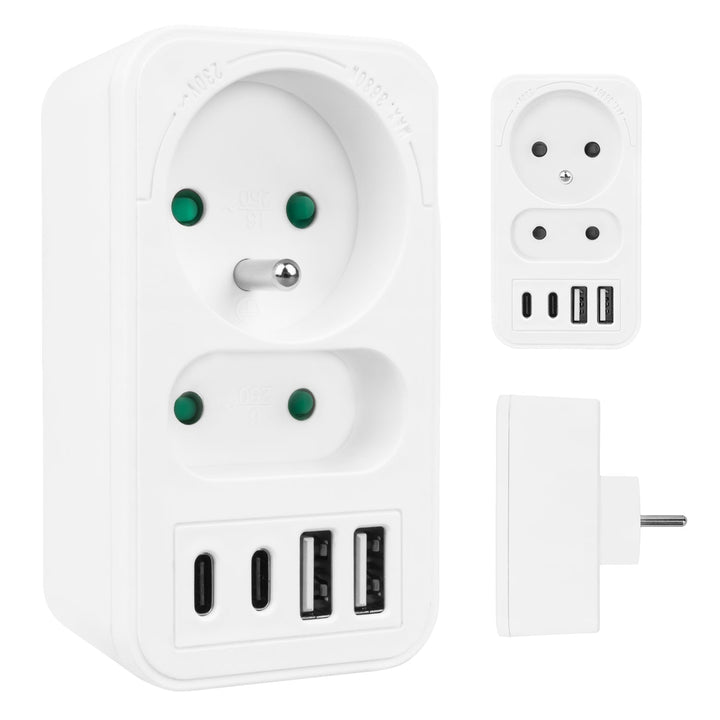 Stikkontakt x2 + 4xUSB Maclean, splitter med 2 stik, 2xUSB A, 2xUSB C PD 20W, 1x16A + 1x6A, MCE249 F/W
