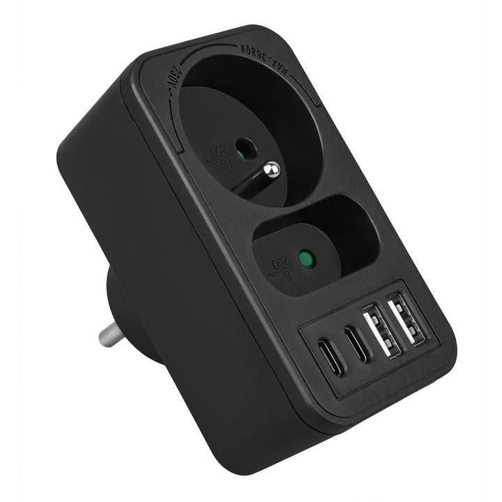 Stikkontakt x2 + 4xUSB Maclean, splitter med 2 stik, 2xUSB A, 2xUSB C PD 20W, 1x16A + 1x6A, MCE249 F/B