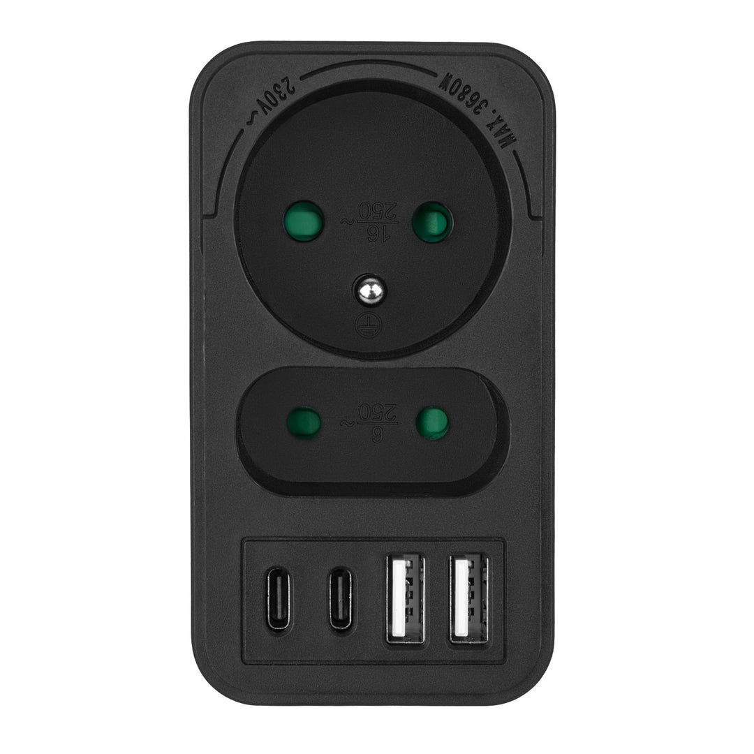 Stikkontakt x2 + 4xUSB Maclean, splitter med 2 stik, 2xUSB A, 2xUSB C PD 20W, 1x16A + 1x6A, MCE249 F/B
