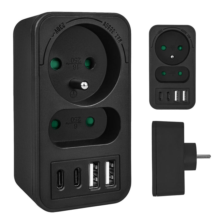 Stikkontakt x2 + 4xUSB Maclean, splitter med 2 stik, 2xUSB A, 2xUSB C PD 20W, 1x16A + 1x6A, MCE249 F/B