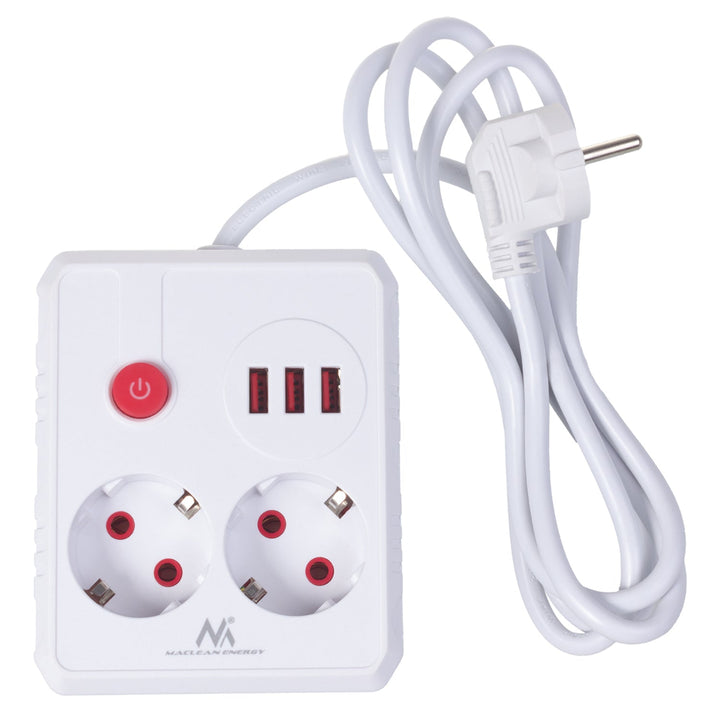 Maclean strømskinne, forlængerledning med 2 stik + 3xUSB, 110-240V AC 50/60Hz, 2,1A max 2500W, 1,5m, hvid, MCE387 W