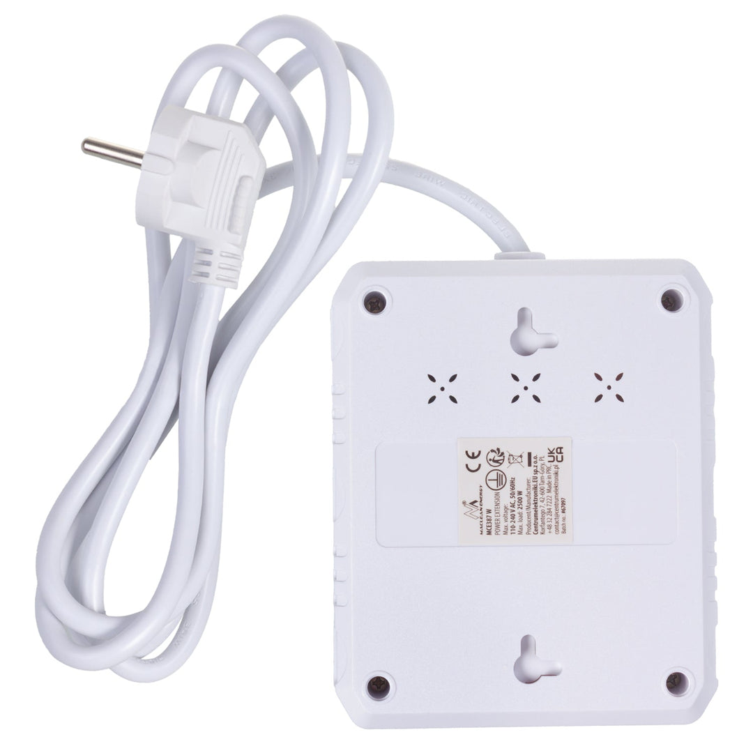 Maclean strømskinne, forlængerledning med 2 stik + 3xUSB, 110-240V AC 50/60Hz, 2,1A max 2500W, 1,5m, hvid, MCE387 W
