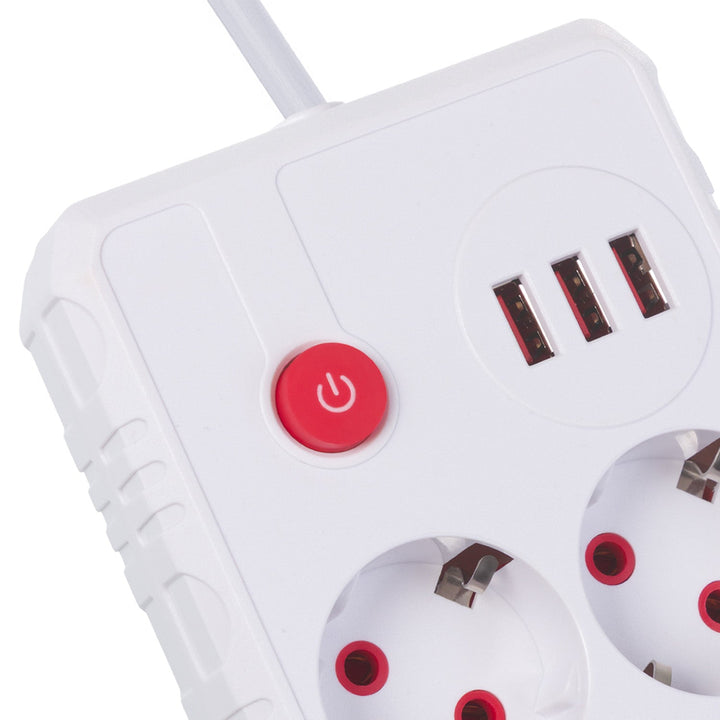 Maclean strømskinne, forlængerledning med 2 stik + 3xUSB, 110-240V AC 50/60Hz, 2,1A max 2500W, 1,5m, hvid, MCE387 W