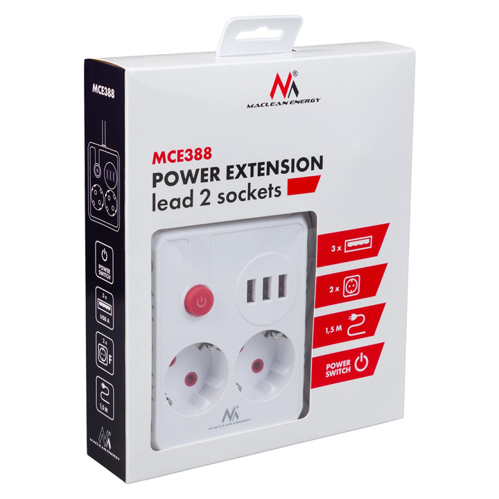 Maclean strømskinne, forlængerledning med 2 stik + 3xUSB, 110-240V AC 50/60Hz, 2,1A max 2500W, 1,5m, hvid, MCE387 W
