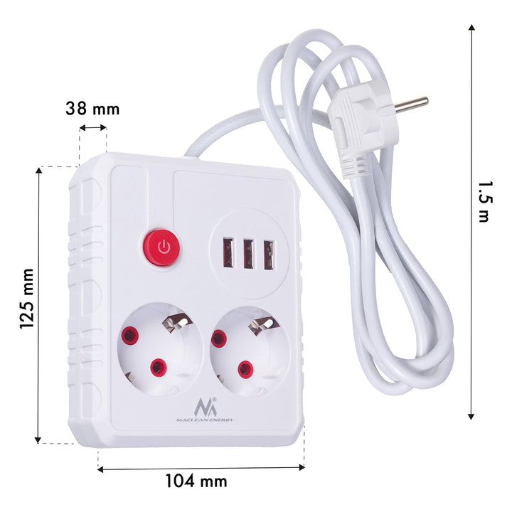 Maclean strømskinne, forlængerledning med 2 stik + 3xUSB, 110-240V AC 50/60Hz, 2,1A max 2500W, 1,5m, hvid, MCE387 W