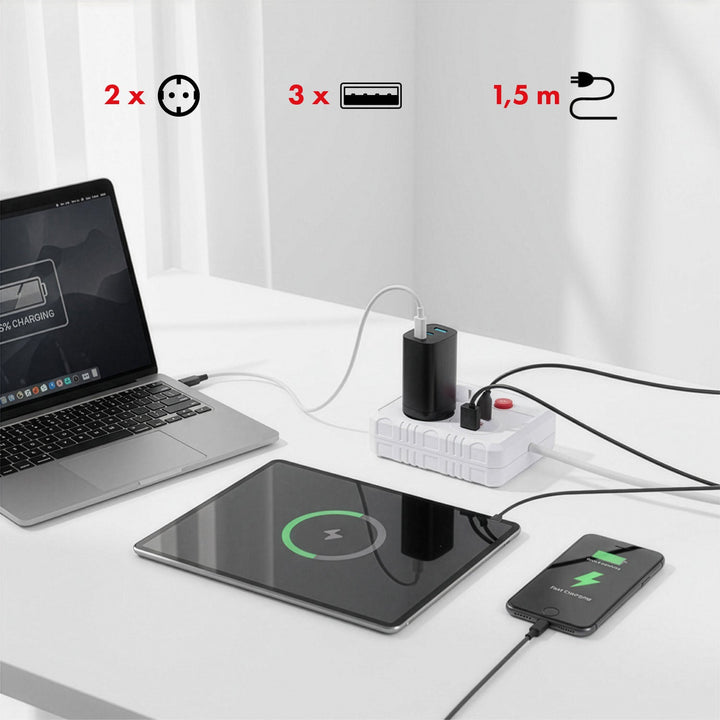 Maclean strømskinne, forlængerledning med 2 stik + 3xUSB, 110-240V AC 50/60Hz, 2,1A max 2500W, 1,5m, hvid, MCE387 W