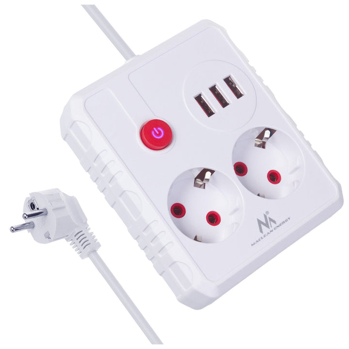 Maclean strømskinne, forlængerledning med 2 stik + 3xUSB, 110-240V AC 50/60Hz, 2,1A max 2500W, 1,5m, hvid, MCE387 W