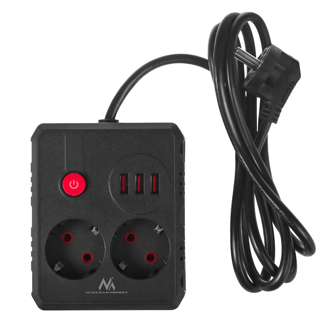 Maclean strømskinne, forlængerledning med 2 stik + 3xUSB, 110-240V AC 50/60Hz, 2,1A max 2500W, 1,5m, sort, MCE387 B