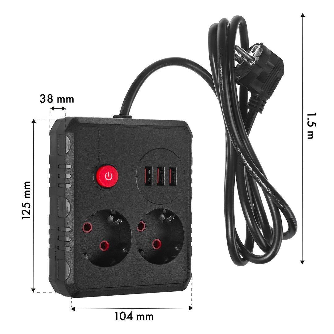 Maclean strømskinne, forlængerledning med 2 stik + 3xUSB, 110-240V AC 50/60Hz, 2,1A max 2500W, 1,5m, sort, MCE387 B
