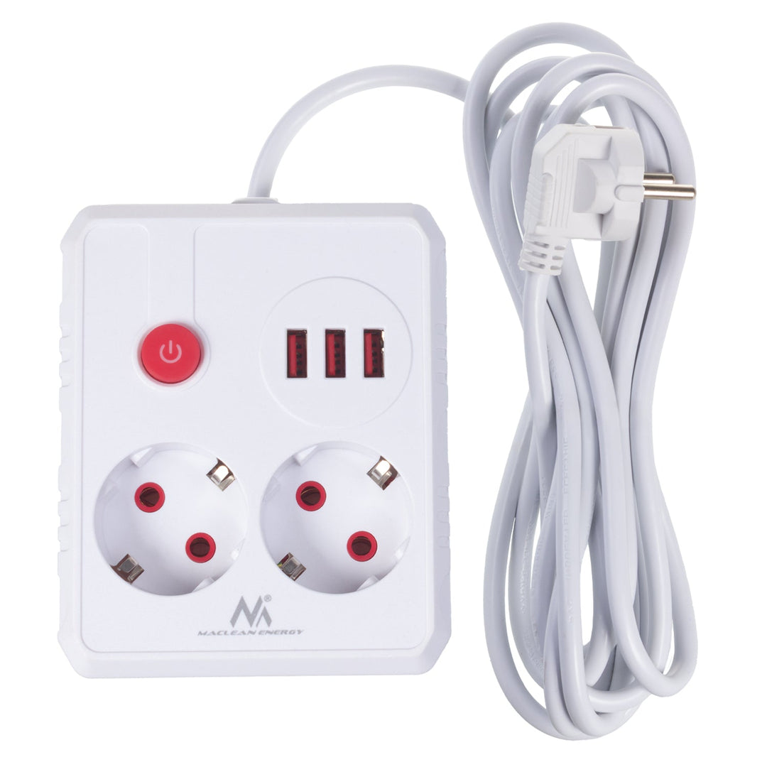 Maclean strømskinne, forlængerledning med 2 stik + 3xUSB, 110-240V AC 50/60Hz, 2,1A max 2500W, 3 m, hvid, MCE388 W