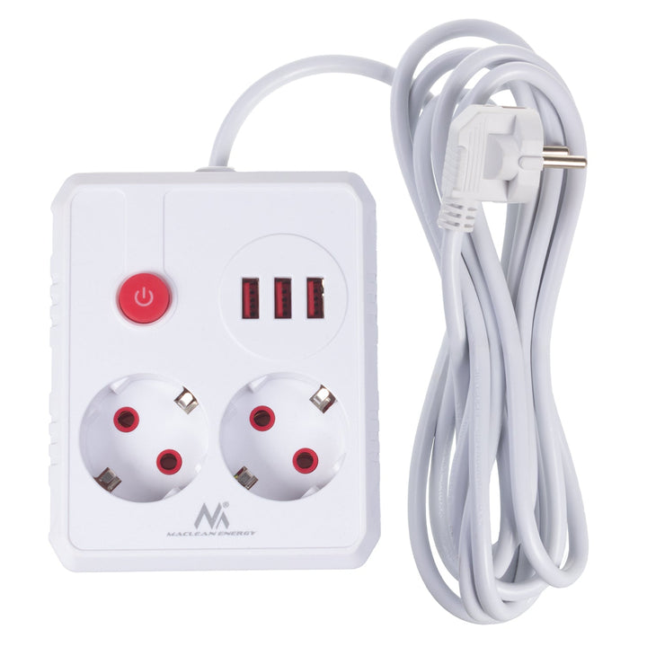 Maclean strømskinne, forlængerledning med 2 stik + 3xUSB, 110-240V AC 50/60Hz, 2,1A max 2500W, 3 m, hvid, MCE388 W