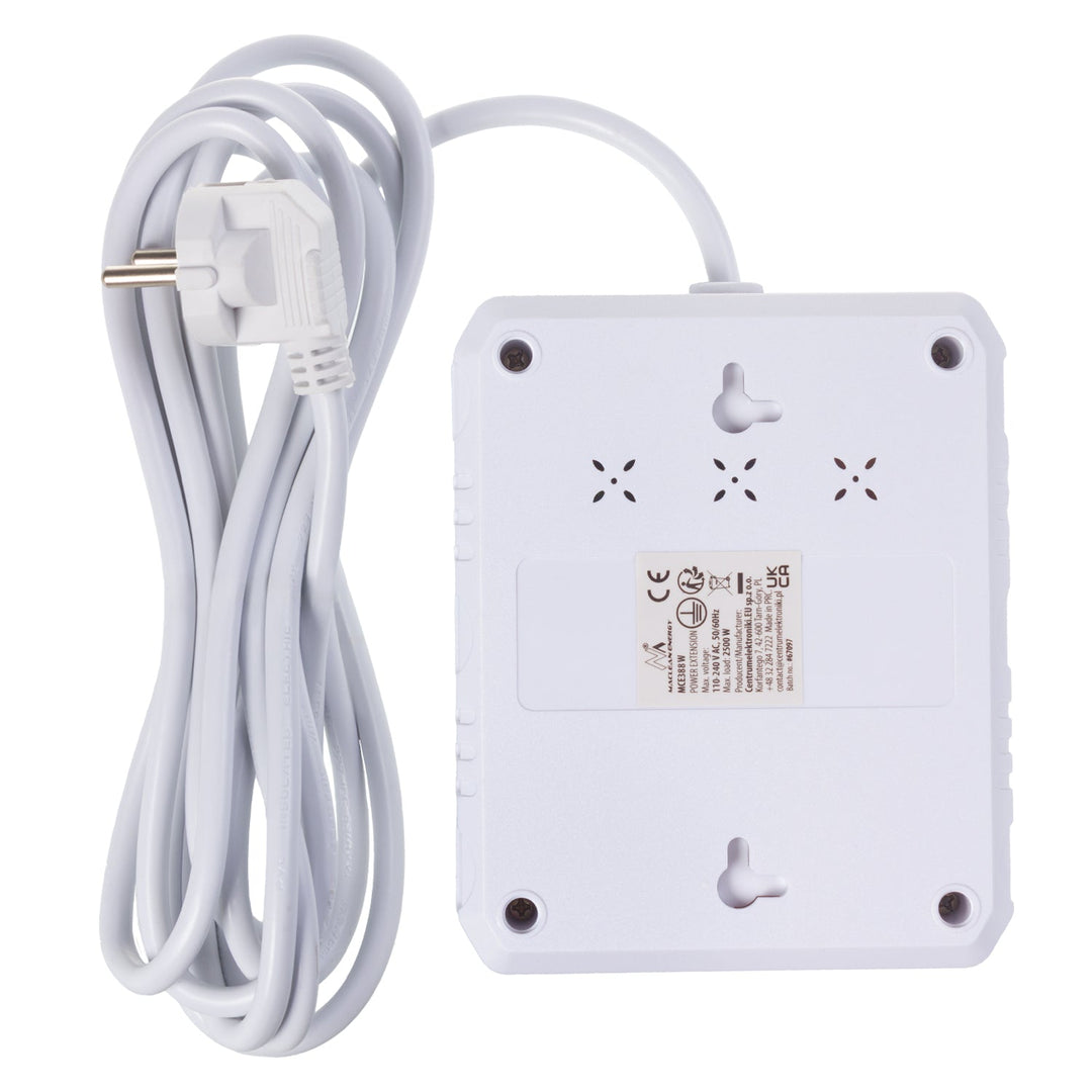 Maclean strømskinne, forlængerledning med 2 stik + 3xUSB, 110-240V AC 50/60Hz, 2,1A max 2500W, 3 m, hvid, MCE388 W