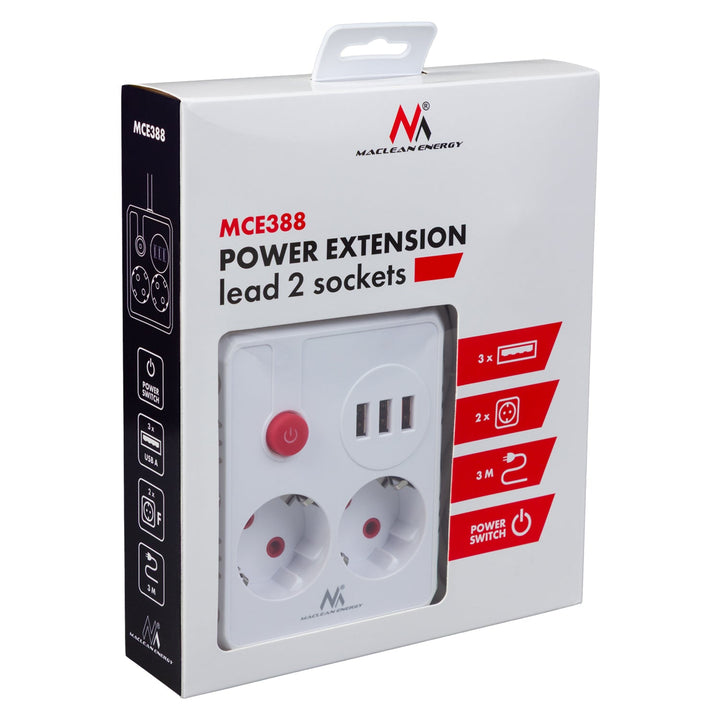Maclean strømskinne, forlængerledning med 2 stik + 3xUSB, 110-240V AC 50/60Hz, 2,1A max 2500W, 3 m, hvid, MCE388 W