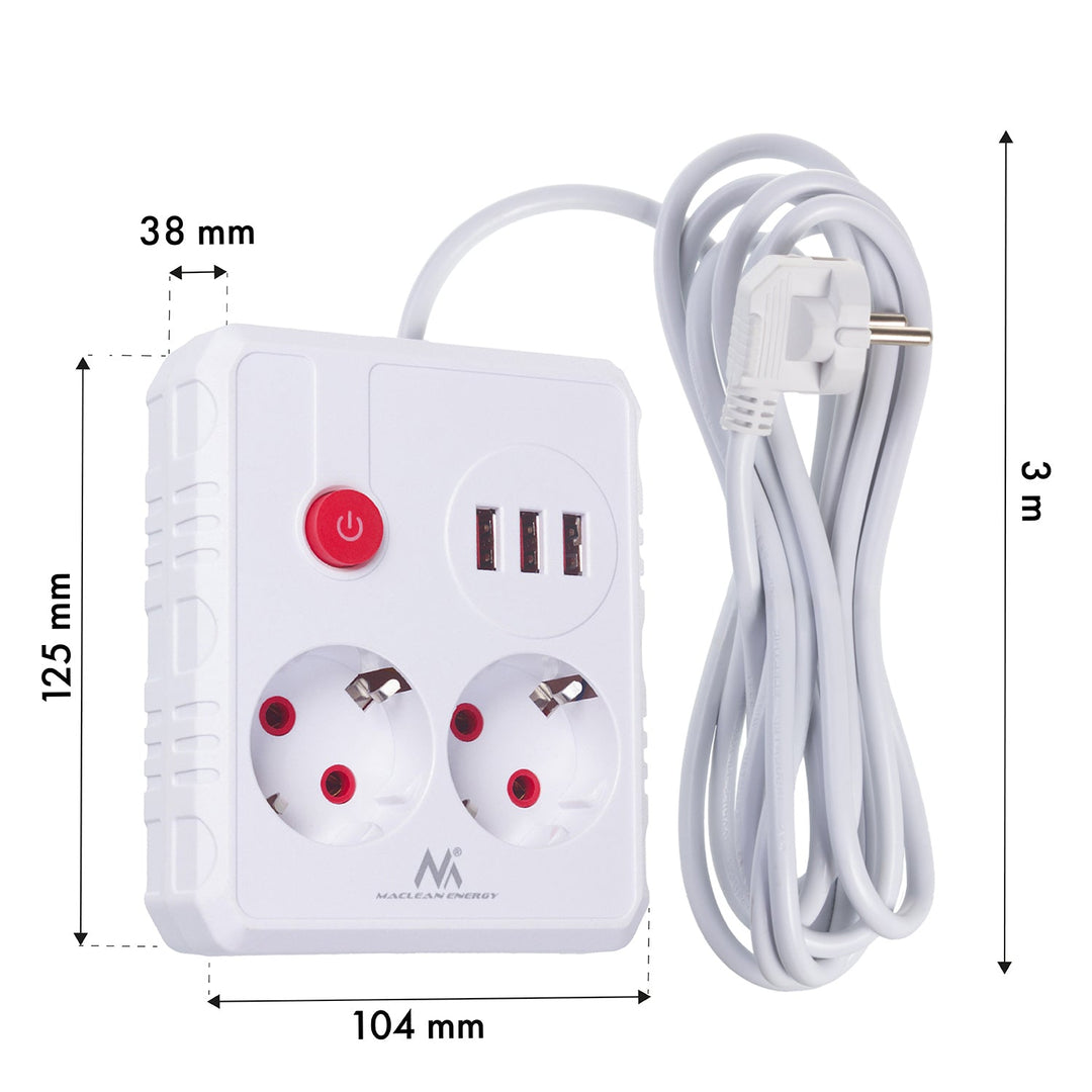 Maclean strømskinne, forlængerledning med 2 stik + 3xUSB, 110-240V AC 50/60Hz, 2,1A max 2500W, 3 m, hvid, MCE388 W