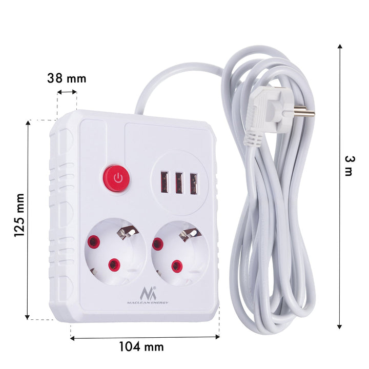 Maclean strømskinne, forlængerledning med 2 stik + 3xUSB, 110-240V AC 50/60Hz, 2,1A max 2500W, 3 m, hvid, MCE388 W
