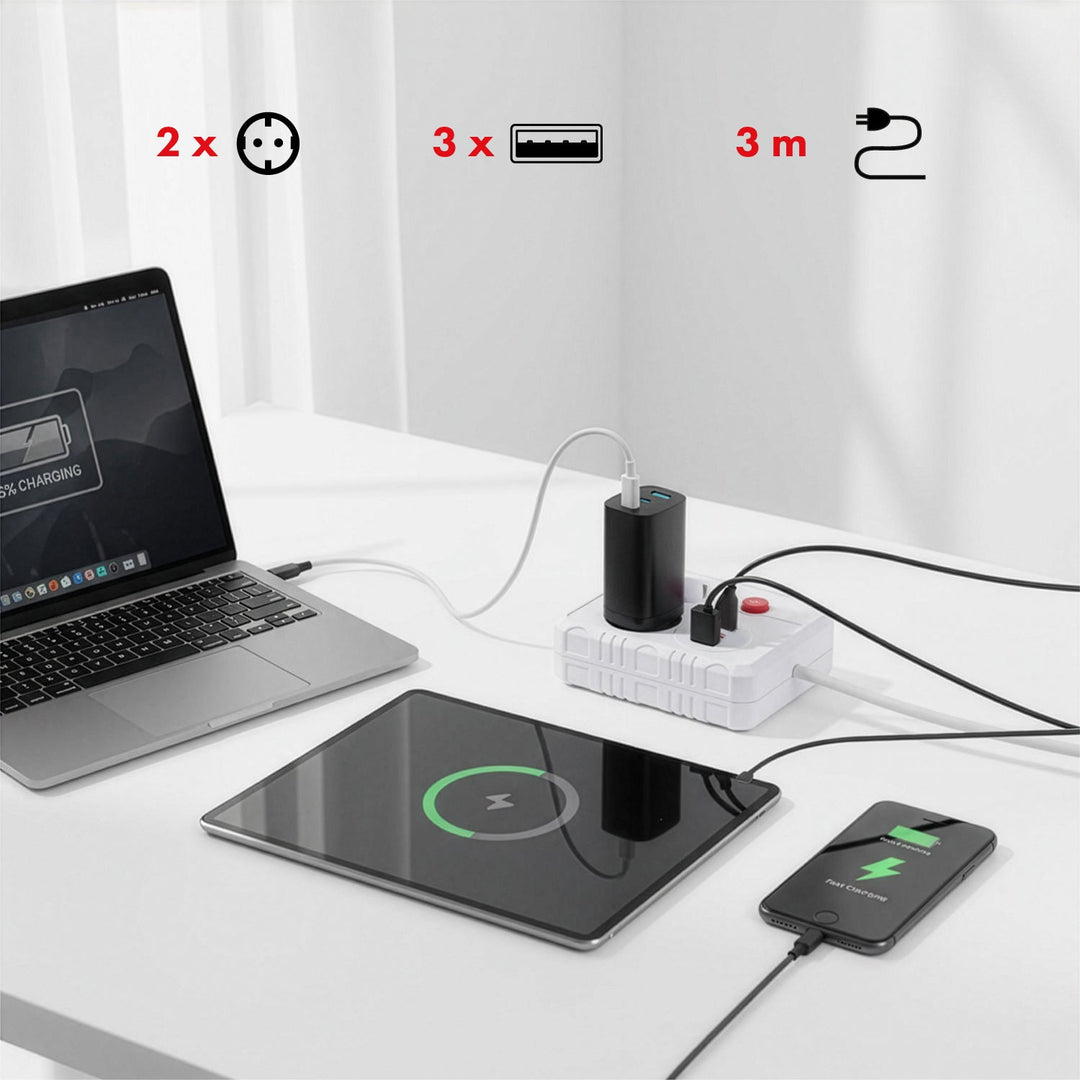 Maclean strømskinne, forlængerledning med 2 stik + 3xUSB, 110-240V AC 50/60Hz, 2,1A max 2500W, 3 m, hvid, MCE388 W