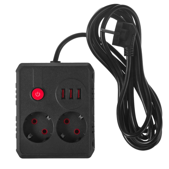 Maclean strømskinne, forlængerledning med 2 stik + 3xUSB, 110-240V AC 50/60Hz, 2,1A max 2500W, 3 m, sort, MCE388 B