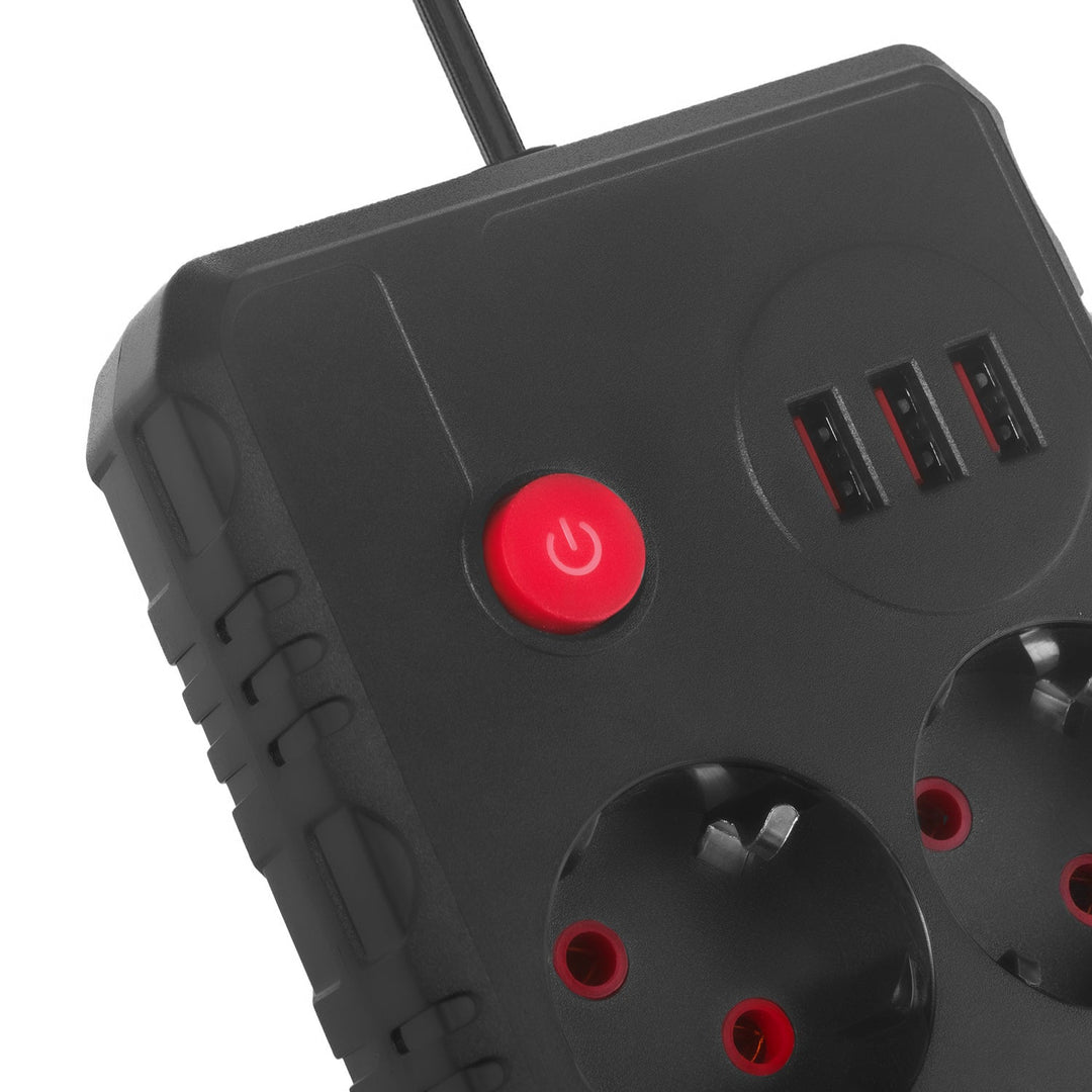 Maclean strømskinne, forlængerledning med 2 stik + 3xUSB, 110-240V AC 50/60Hz, 2,1A max 2500W, 3 m, sort, MCE388 B