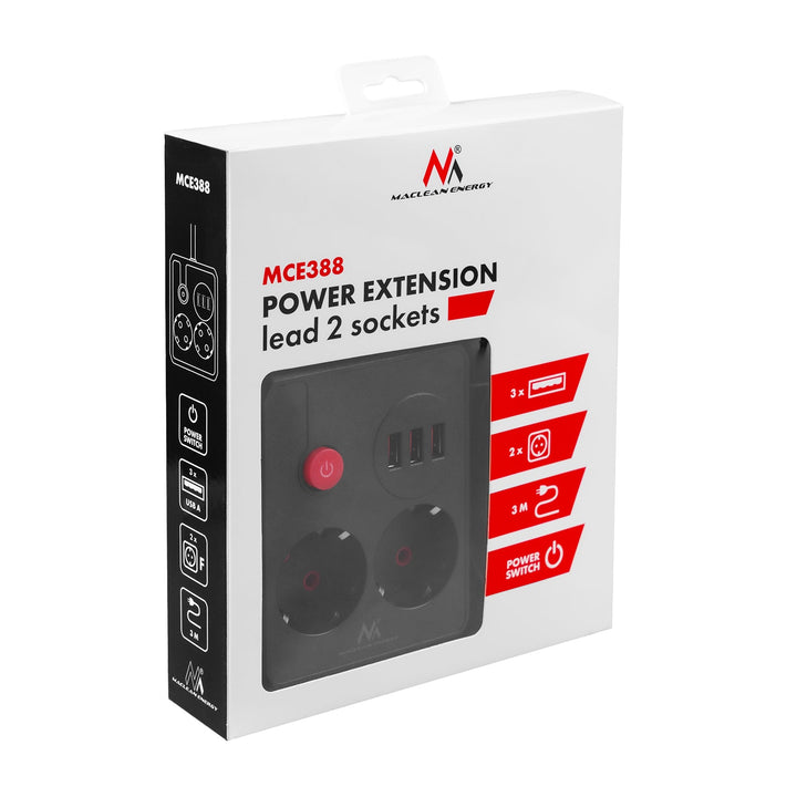 Maclean strømskinne, forlængerledning med 2 stik + 3xUSB, 110-240V AC 50/60Hz, 2,1A max 2500W, 3 m, sort, MCE388 B
