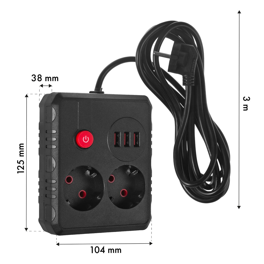 Maclean strømskinne, forlængerledning med 2 stik + 3xUSB, 110-240V AC 50/60Hz, 2,1A max 2500W, 3 m, sort, MCE388 B