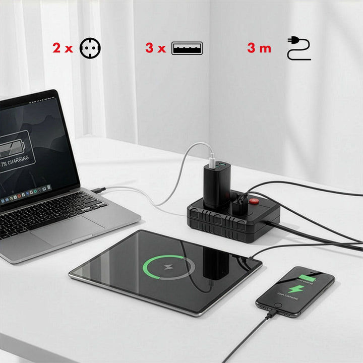 Maclean strømskinne, forlængerledning med 2 stik + 3xUSB, 110-240V AC 50/60Hz, 2,1A max 2500W, 3 m, sort, MCE388 B