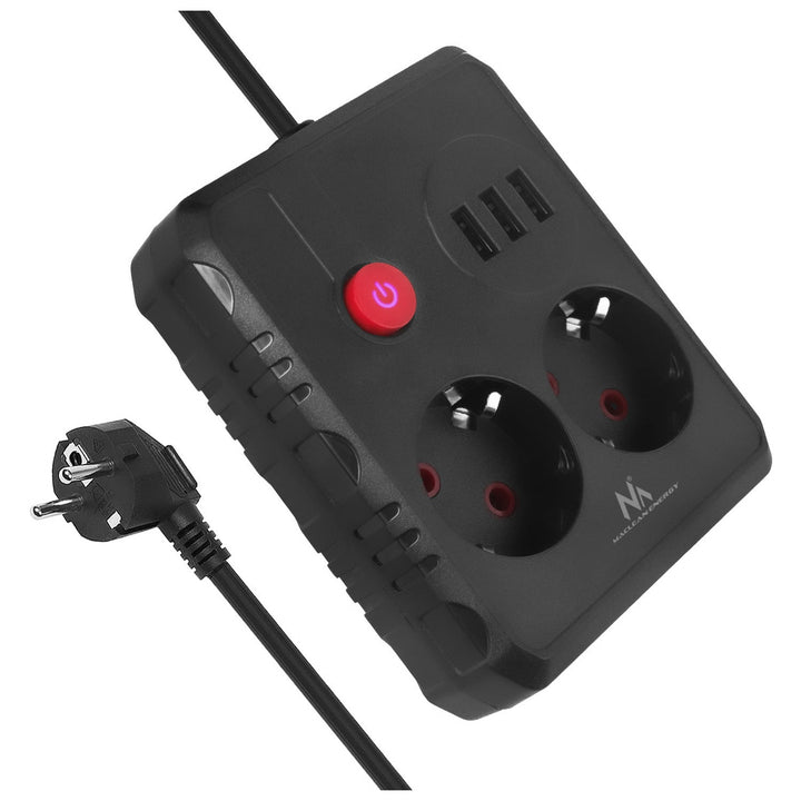 Maclean strømskinne, forlængerledning med 2 stik + 3xUSB, 110-240V AC 50/60Hz, 2,1A max 2500W, 3 m, sort, MCE388 B