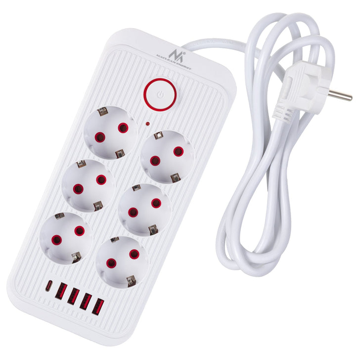 Maclean strømskinne, forlængerledning med 6 stik + 4xUSB, 110-240V AC 50/60Hz, 2,1A max 2500W, 1,5 m, hvid, MCE389 W