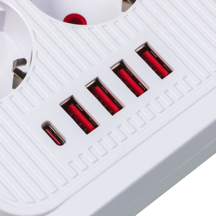 Maclean strømskinne, forlængerledning med 6 stik + 4xUSB, 110-240V AC 50/60Hz, 2,1A max 2500W, 1,5 m, hvid, MCE389 W