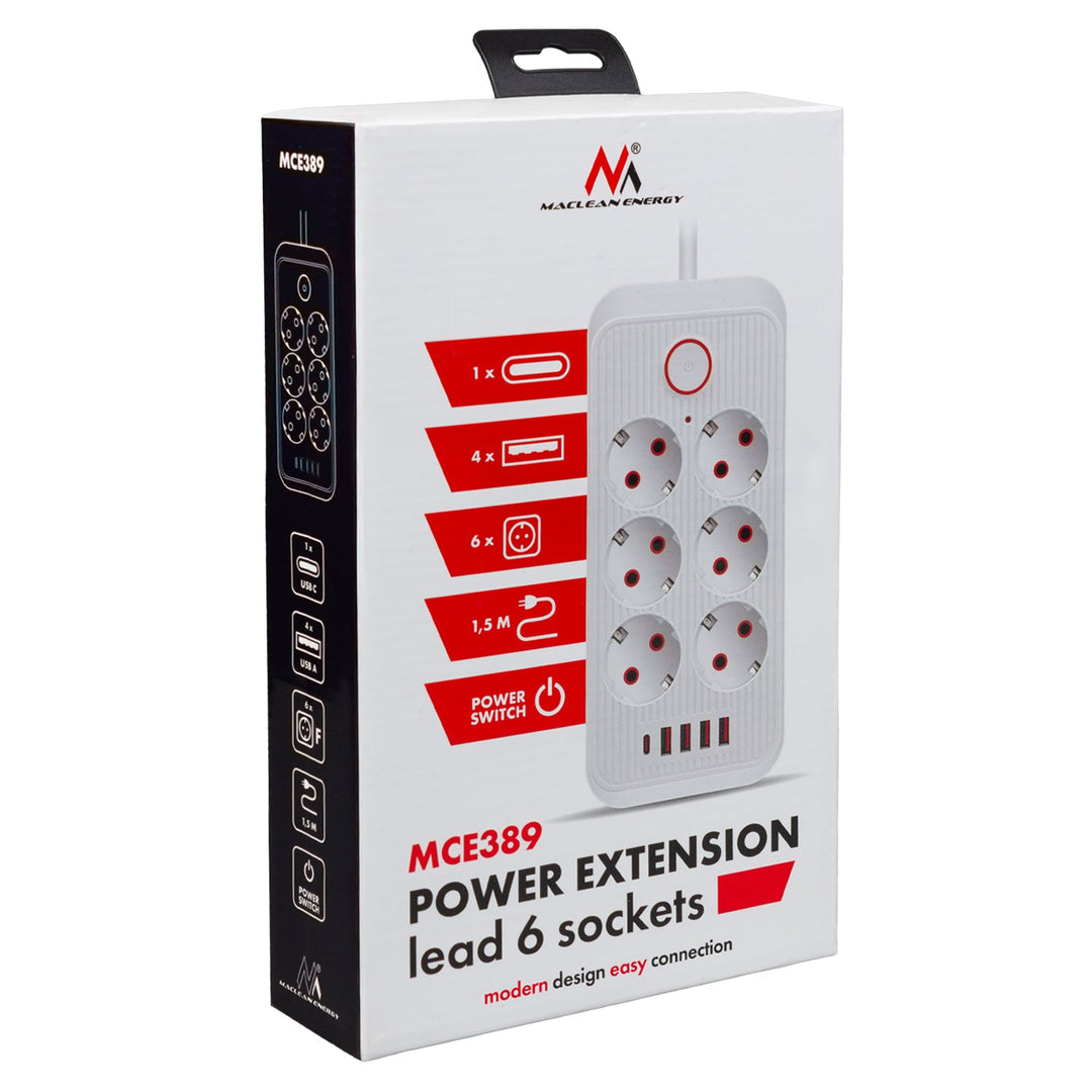 Maclean strømskinne, forlængerledning med 6 stik + 4xUSB, 110-240V AC 50/60Hz, 2,1A max 2500W, 1,5 m, hvid, MCE389 W