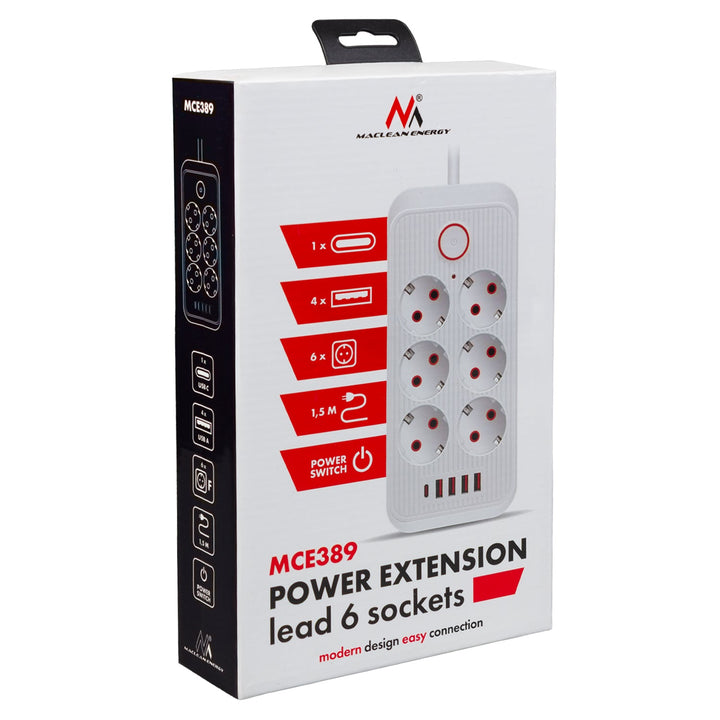 Maclean strømskinne, forlængerledning med 6 stik + 4xUSB, 110-240V AC 50/60Hz, 2,1A max 2500W, 1,5 m, hvid, MCE389 W