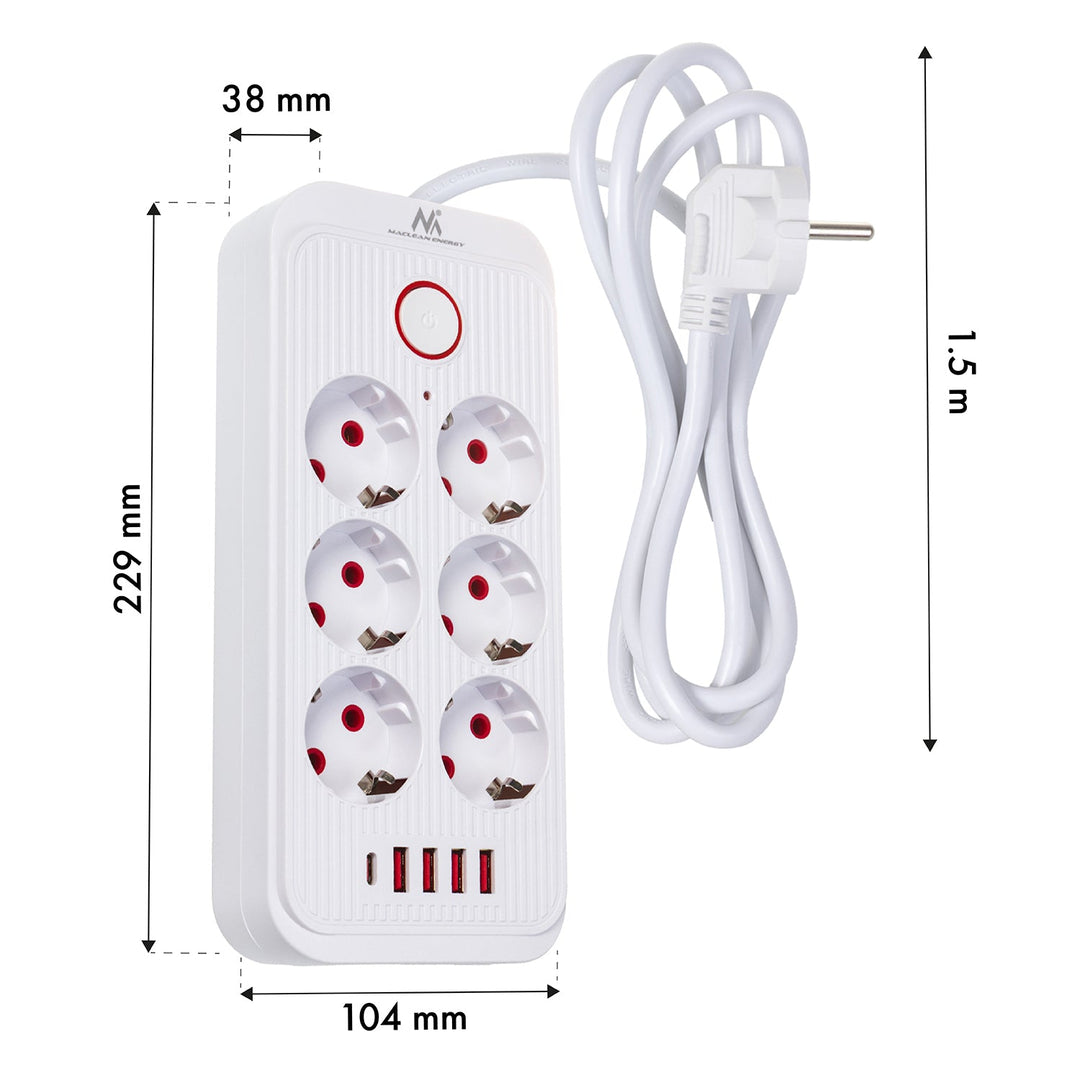 Maclean strømskinne, forlængerledning med 6 stik + 4xUSB, 110-240V AC 50/60Hz, 2,1A max 2500W, 1,5 m, hvid, MCE389 W