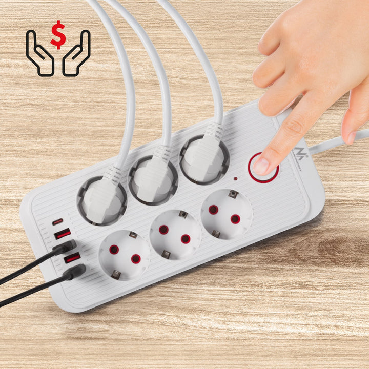 Maclean strømskinne, forlængerledning med 6 stik + 4xUSB, 110-240V AC 50/60Hz, 2,1A max 2500W, 1,5 m, hvid, MCE389 W