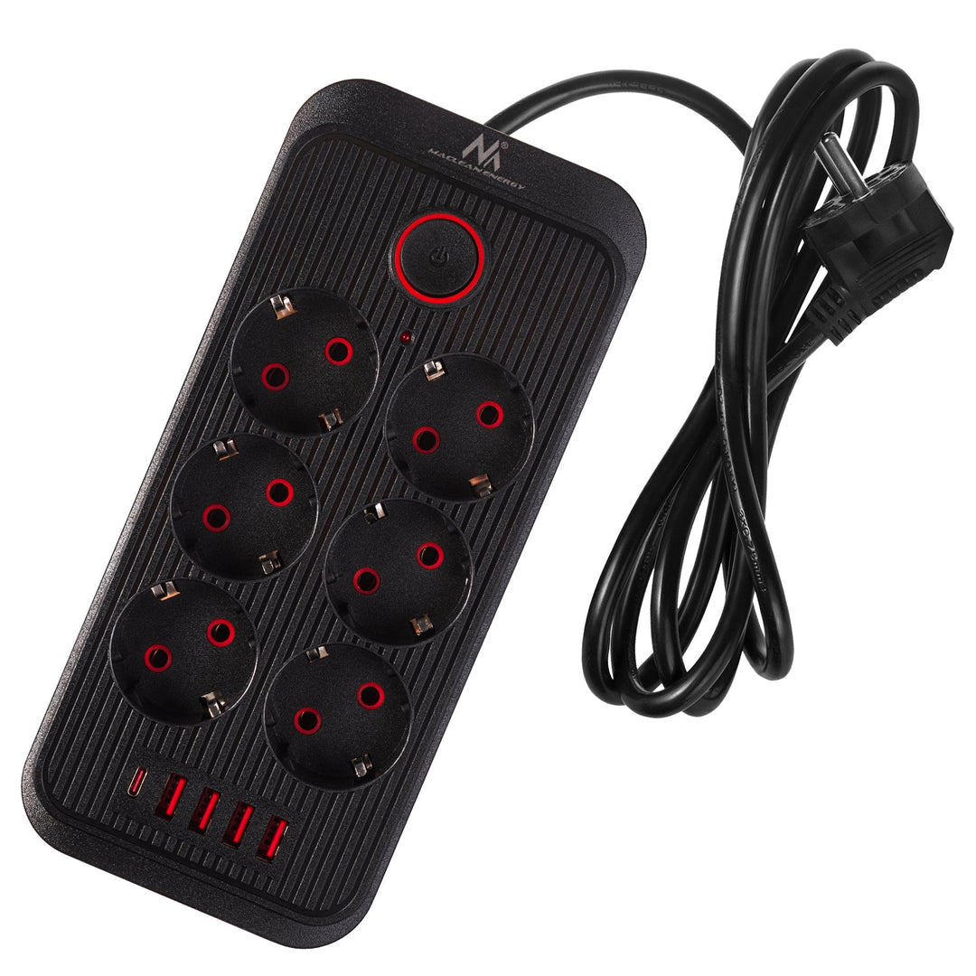 Maclean strømskinne, forlængerledning med 6 stik + 4xUSB, 110-240V AC 50/60Hz, 2,1A max 2500W, 1,5 m, sort, MCE389 B