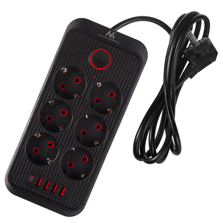 Maclean strømskinne, forlængerledning med 6 stik + 4xUSB, 110-240V AC 50/60Hz, 2,1A max 2500W, 1,5 m, sort, MCE389 B