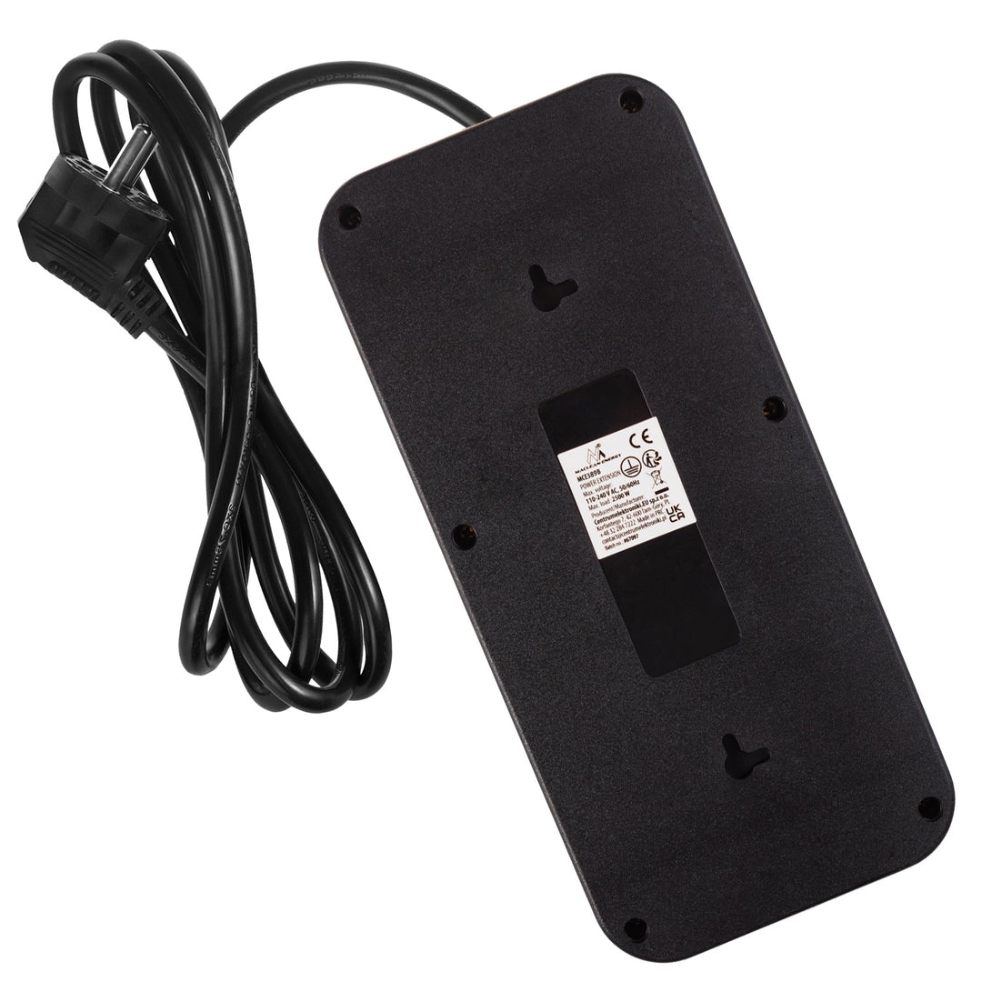 Maclean strømskinne, forlængerledning med 6 stik + 4xUSB, 110-240V AC 50/60Hz, 2,1A max 2500W, 1,5 m, sort, MCE389 B