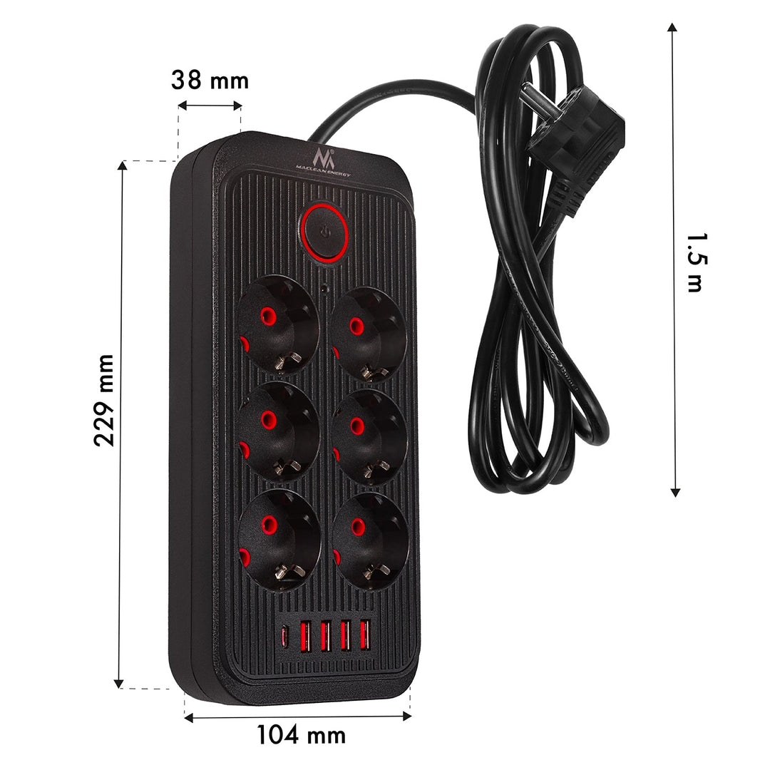 Maclean strømskinne, forlængerledning med 6 stik + 4xUSB, 110-240V AC 50/60Hz, 2,1A max 2500W, 1,5 m, sort, MCE389 B