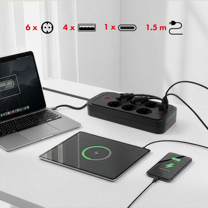 Maclean strømskinne, forlængerledning med 6 stik + 4xUSB, 110-240V AC 50/60Hz, 2,1A max 2500W, 1,5 m, sort, MCE389 B