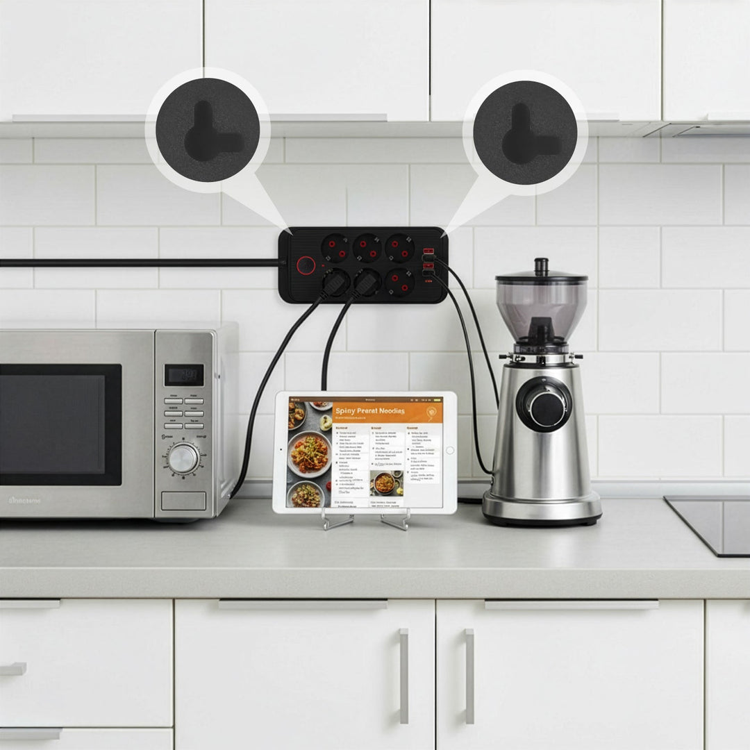Maclean strømskinne, forlængerledning med 6 stik + 4xUSB, 110-240V AC 50/60Hz, 2,1A max 2500W, 1,5 m, sort, MCE389 B