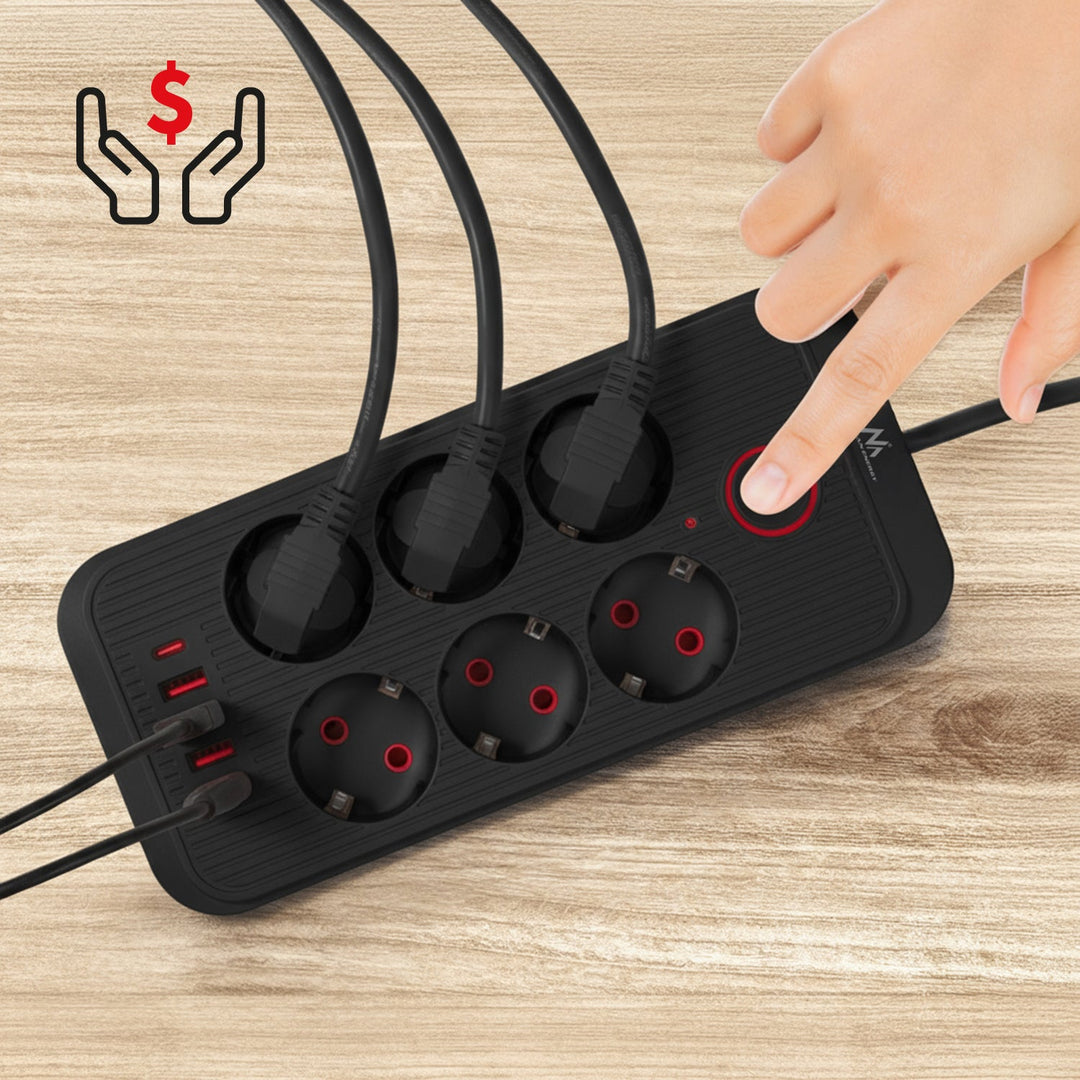 Maclean strømskinne, forlængerledning med 6 stik + 4xUSB, 110-240V AC 50/60Hz, 2,1A max 2500W, 1,5 m, sort, MCE389 B