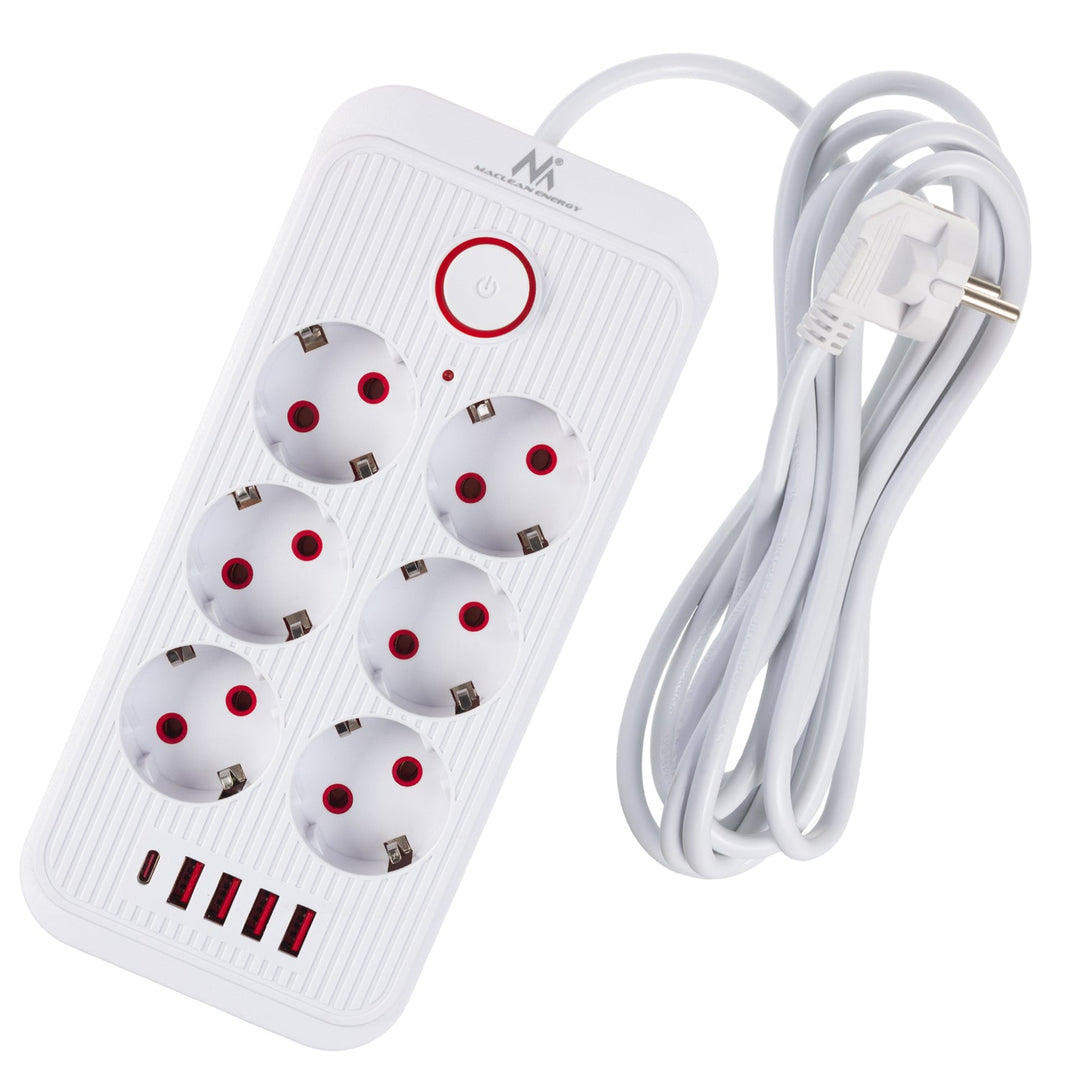 Maclean strømskinne, forlængerledning med 6 stik + 4xUSB, 110-240V AC 50/60Hz, 2,1A max 2500W, 3m, hvid, MCE391 W