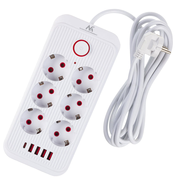 Maclean strømskinne, forlængerledning med 6 stik + 4xUSB, 110-240V AC 50/60Hz, 2,1A max 2500W, 3m, hvid, MCE391 W