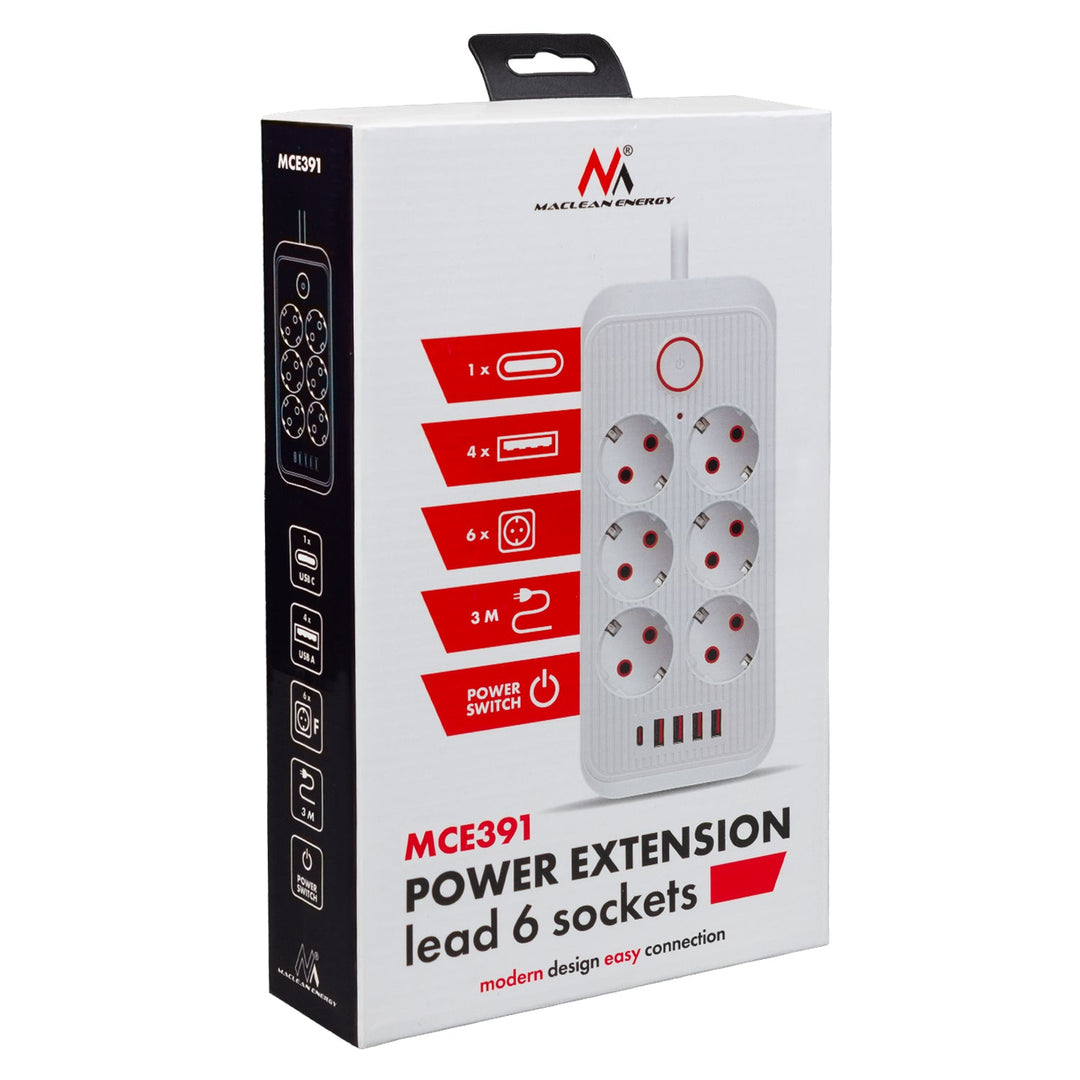 Maclean strømskinne, forlængerledning med 6 stik + 4xUSB, 110-240V AC 50/60Hz, 2,1A max 2500W, 3m, hvid, MCE391 W