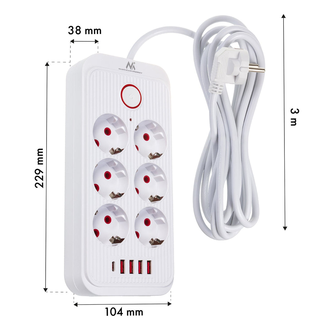 Maclean strømskinne, forlængerledning med 6 stik + 4xUSB, 110-240V AC 50/60Hz, 2,1A max 2500W, 3m, hvid, MCE391 W