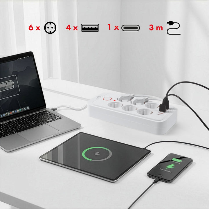 Maclean strømskinne, forlængerledning med 6 stik + 4xUSB, 110-240V AC 50/60Hz, 2,1A max 2500W, 3m, hvid, MCE391 W