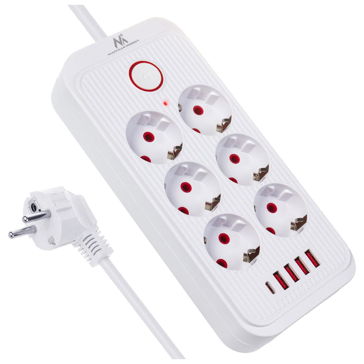 Maclean strømskinne, forlængerledning med 6 stik + 4xUSB, 110-240V AC 50/60Hz, 2,1A max 2500W, 3m, hvid, MCE391 W
