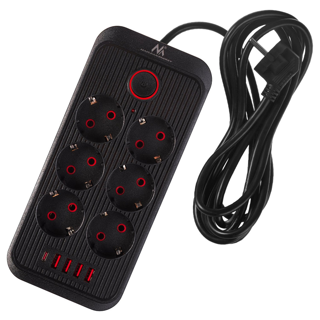 Maclean strømskinne, forlængerledning med 6 stik + 4xUSB, 110-240V AC 50/60Hz, 2,1A max 2500W, 3m, sort, MCE391 B