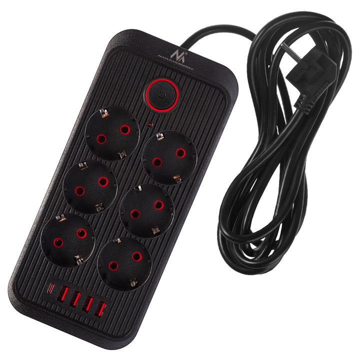 Maclean strømskinne, forlængerledning med 6 stik + 4xUSB, 110-240V AC 50/60Hz, 2,1A max 2500W, 3m, sort, MCE391 B