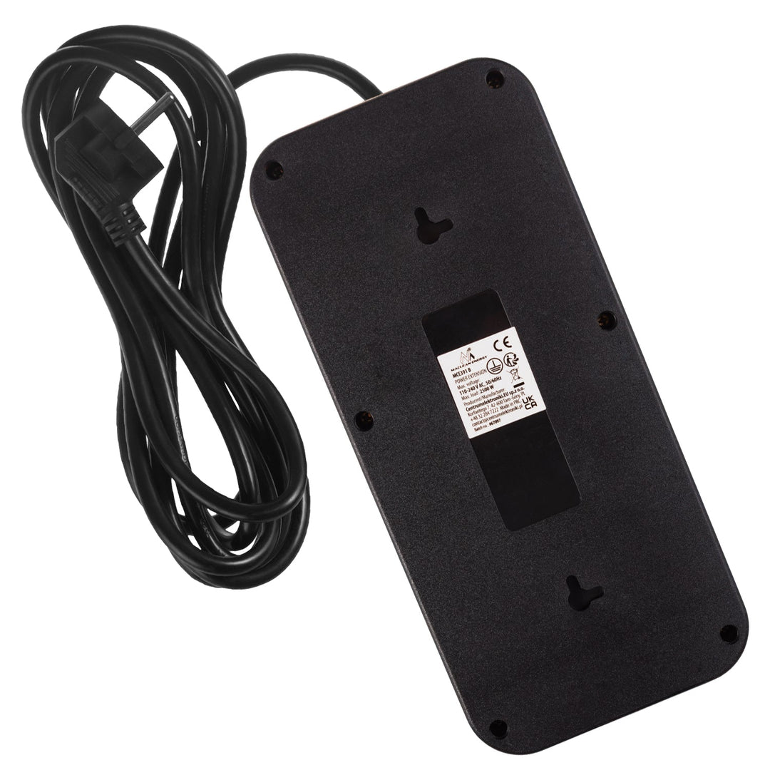 Maclean strømskinne, forlængerledning med 6 stik + 4xUSB, 110-240V AC 50/60Hz, 2,1A max 2500W, 3m, sort, MCE391 B