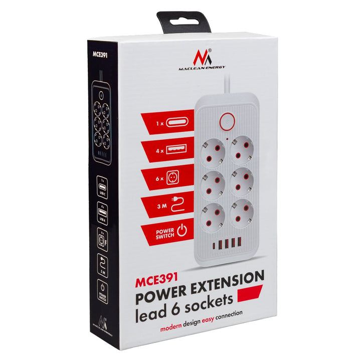 Maclean strømskinne, forlængerledning med 6 stik + 4xUSB, 110-240V AC 50/60Hz, 2,1A max 2500W, 3m, sort, MCE391 B
