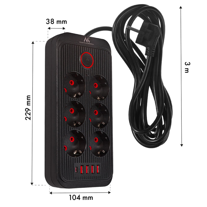 Maclean strømskinne, forlængerledning med 6 stik + 4xUSB, 110-240V AC 50/60Hz, 2,1A max 2500W, 3m, sort, MCE391 B